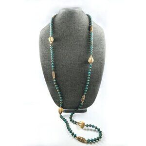 Long Teal & Cream Beaded Necklace
